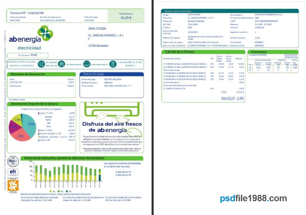 Spain Abenergia Utility Bill 1-2 Pages